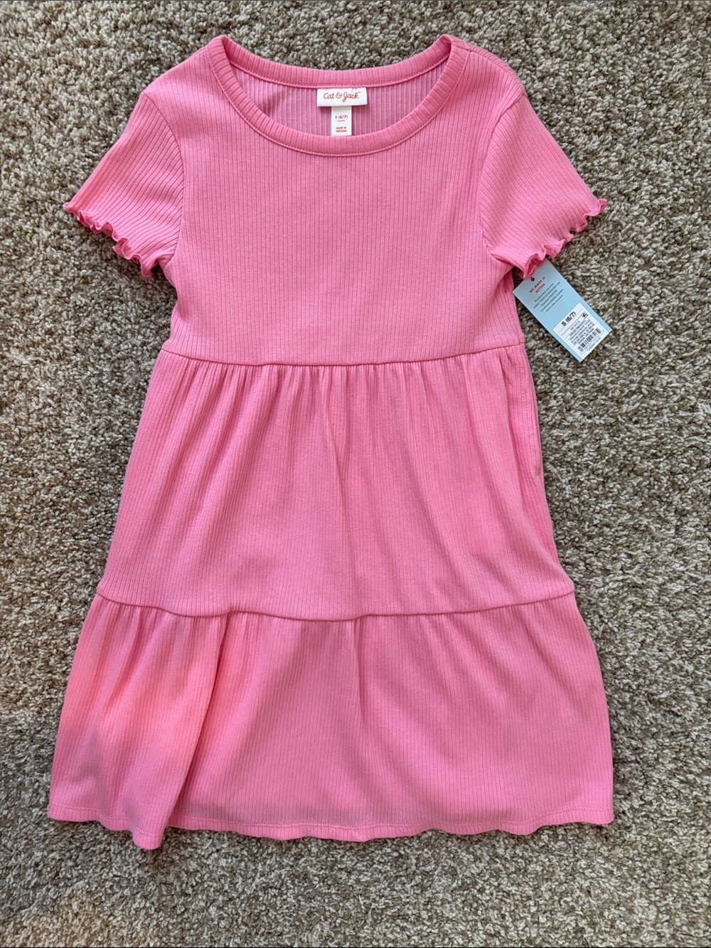 Cat & Jack Pink Ribbed Short Sleeve Tiered Dress NWT size small